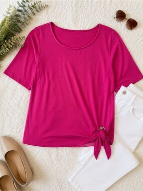 💖Belle by Kim Gravel Hot Pink Side Tie Top Scoop Neck Stretch Knit Blouse Medium